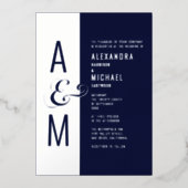 Monogram Typografie Navy Blue Silver Wedding Folie Uitnodiging (Voorkant)