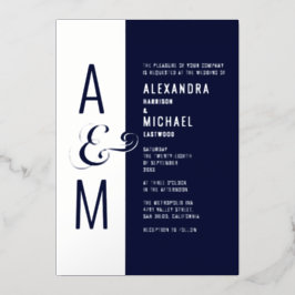 Monogram Typografie Navy Blue Silver Wedding Folie Uitnodiging