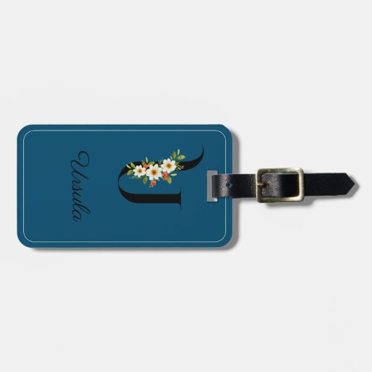 Monogram U kobalt waterverf bloem Bagagelabel (Voorkant horizontaal)