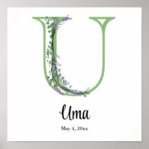 Monogram U Lavendel Eucalyptus kinderkamer Poster