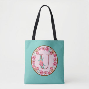 Monogram U Letter met Peony Flower Afbeelding Canv Draagtas