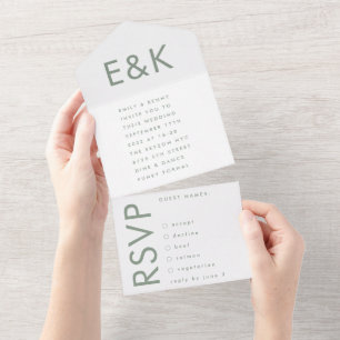 Monogram Ultra Modern Bold Big Sage Green Wedding All In One Uitnodiging