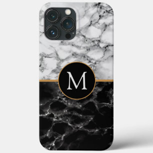 Monogram uw zwarte witte marmer iPhone 13 pro max hoesje