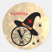 Monogram V Halloween Sky Witch Spiders Naam Ronde Sticker (Voorkant)