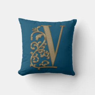 Monogram V Oceaan Blauw Trouwen Verjaardag Kussen
