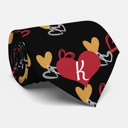 Monogram Valentijn Red Gold White Heart Black Stropdas (Opgerold)