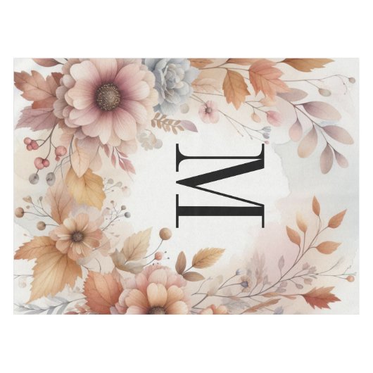Monogram Vallende bladeren en bloemen waterverf Tafelkleed (Voorkant (Horizontaal))