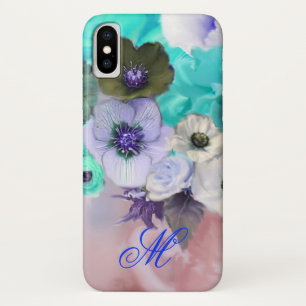MONOGRAM VAN blauwgroen BLAUWE ROZEN EN WITTE ANEM iPhone X Hoesje