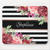 Monogram van Burgundy Floral Black Stripes Muismat (Voorkant)