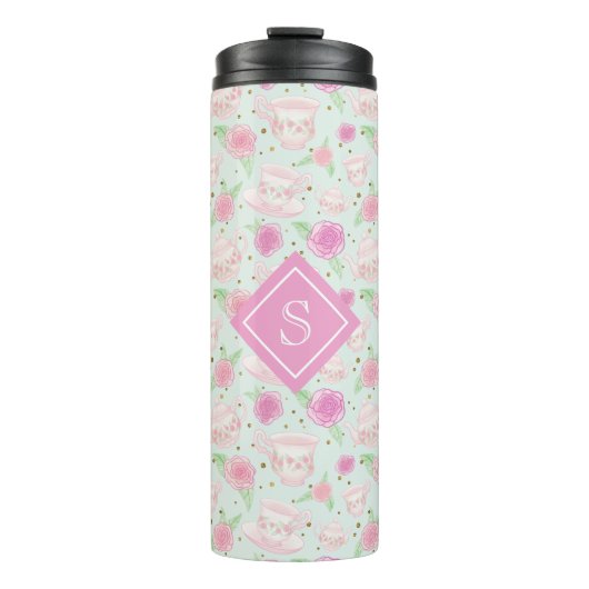 Monogram van Cute Girly Mint en Roze Tea Party Thermosbeker (Voorkant)