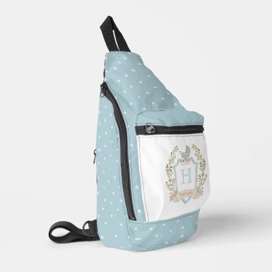 Monogram van de baby-transportkam | Blauwe Baby Sling Bag (Linkerhoek)