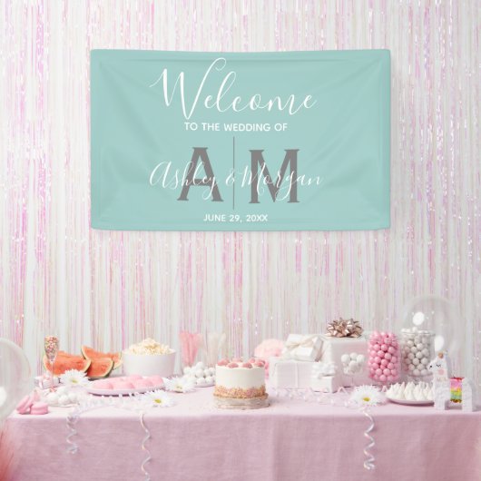 Monogram van de moderne Eggshell Blue Wedding Coup Spandoek (Feest)