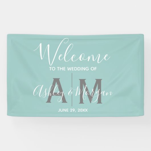 Monogram van de moderne Eggshell Blue Wedding Coup Spandoek (Horizontaal)