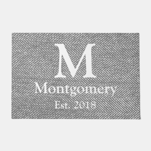 Monogram van de moderne Gray Herringbone & White F Deurmat (Voorkant)
