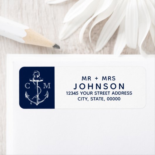 Monogram van de Nautical White Sketch Anchor Navy Etiket (Insitu)