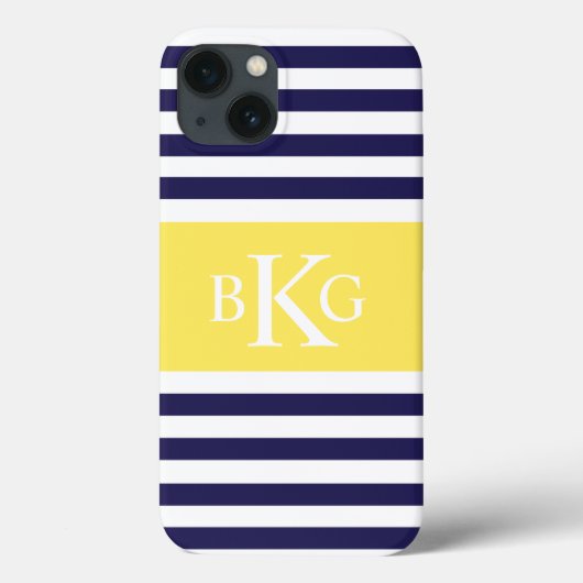 Monogram van de Navy Lemon Yellow Stripes Case-Mate iPhone Case (Achterkant)