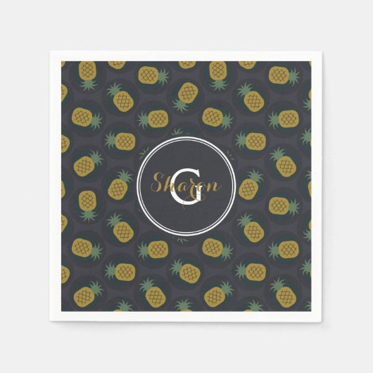 Monogram van de retro black gold pineappelpatronen servetten (Voorkant)