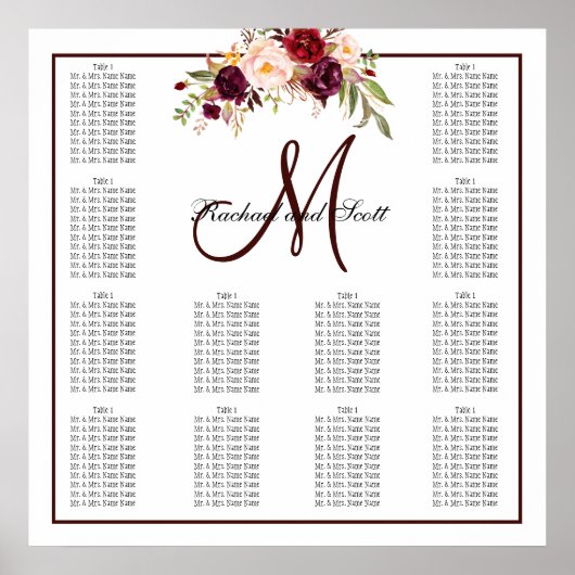 Monogram van het Bourgogne Floral Wedding Seating  Poster (Voorkant)