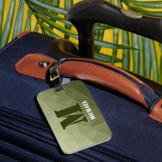 Monogram van het groene, geometrisch maaspatroon v bagagelabel (Voorkant Insitu 1)