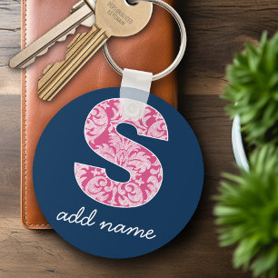 Monogram van het Navy- en Hot Pink Damask Patroon  Sleutelhanger