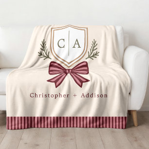 Monogram van het paar Namen Crest Bow Kerstmis Fleece Deken