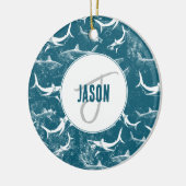 Monogram van het patroon van het Blauwe Shark Keramisch Ornament (Links)