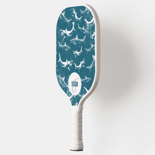 Monogram van het patroon van het Blauwe Shark Pickleball Paddle (Links)