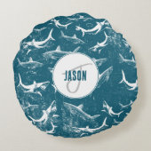 Monogram van het patroon van het Blauwe Shark Rond Kussen (Achterkant)