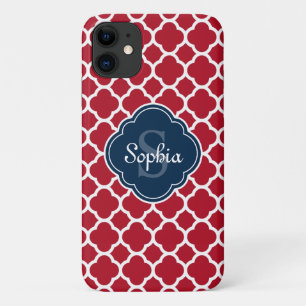 Monogram van het Red Lattice Pattern Navy iPhone 11 Hoesje