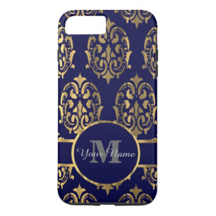 Monogram van marine en gouddamast 	iPhone 8 plus / 7 plus hoesje