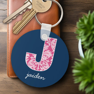 Monogram van Navy en Hot Pink Damask Pattern Sleutelhanger