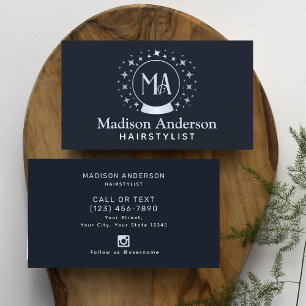 Monogram van Navy en Silver Witchy Haarstylist Visitekaartje