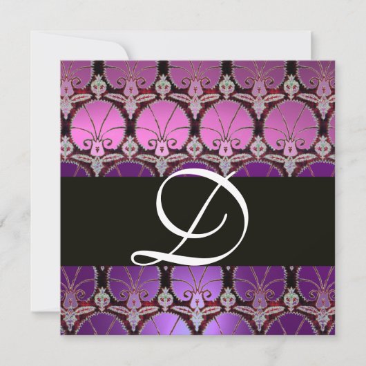 MONOGRAM VAN PAARSE VIOLET ZWARTE DAMASKCARNATIES KAART (Voorkant)
