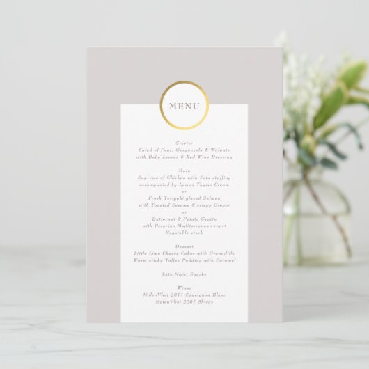 Monogram van Taupe en Gold Foil Circle Weddenschap Menu (Staand voorkant)