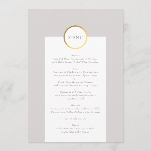 Monogram van Taupe en Gold Foil Circle Weddenschap Menu (Voorkant)