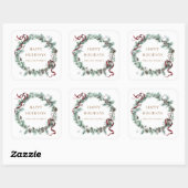 Monogram van wintergroen met rode lint vierkante sticker (Vel)