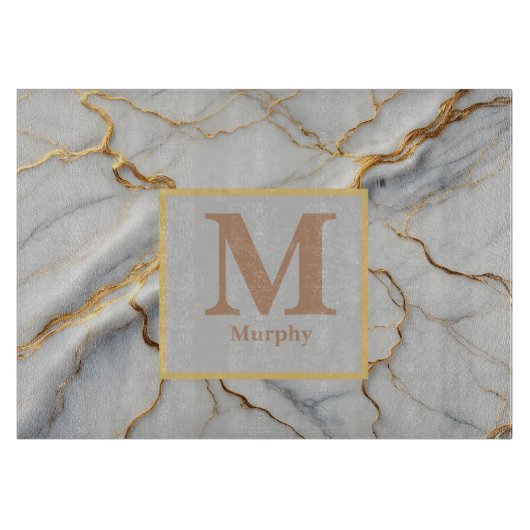 Monogram van witte marmer en gouden ader snijplank (Voorkant)