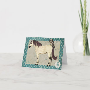 Monogram van witte paarden en uilen notitiekaartje