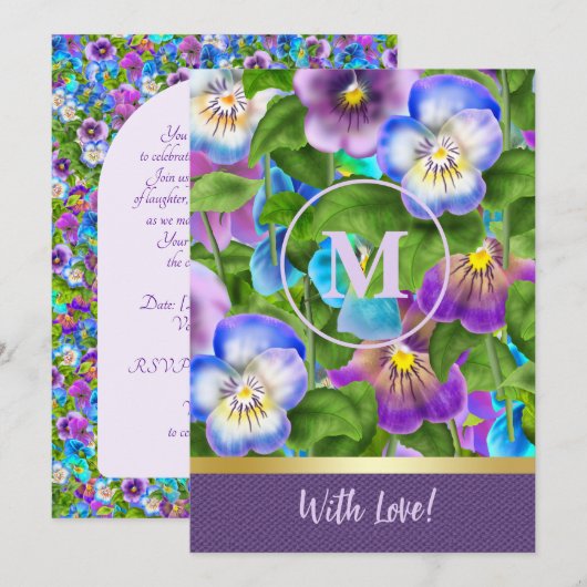 Monogram Verjaardag Drie Violet Bloemen Watercolor Kaart (Voorkant / Achterkant)