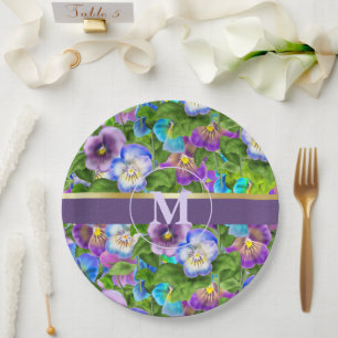 Monogram Verjaardag Driebloem Violet Bloemen Water Papieren Bordje