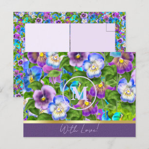 Monogram Verjaardag Drieklank Violet Bloemen Water Briefkaart