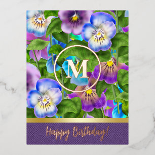 Monogram Verjaardag Drieklank Violet Bloemen Water Folie Feestdagen Briefkaart