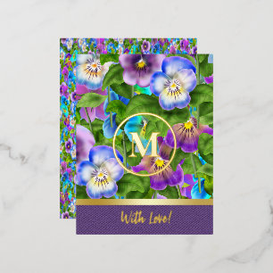 Monogram Verjaardag Pansy Violet Flowers Waterverf Folie Feestdagen Briefkaart