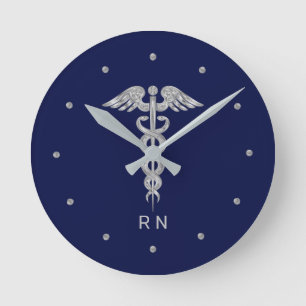 Monogram verpleegster zilvergrijs caduceus op mari ronde klok