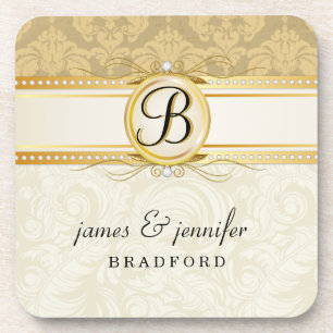 Monogram Victoriaans Gold Damask Cork Onderzetter 