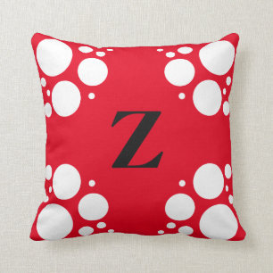 Monogram vierkant kussen, polka punt zwart rood kussen