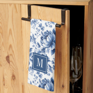 Monogram Vintage Blauw Witte Bloemrozen Theedoek