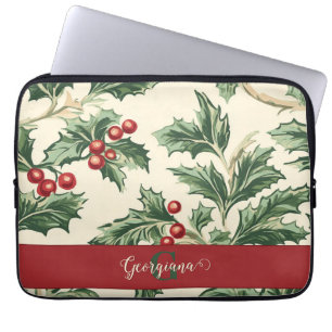 Monogram Vintage Kerst Holly & Bessen Patroon Laptop Sleeve