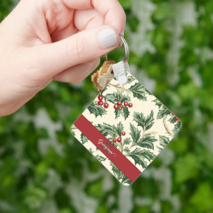 Monogram Vintage Kerst Holly & Bessen Patroon Sleutelhanger