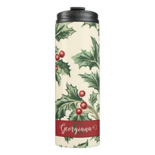 Monogram Vintage Kerst Holly & Bessen Patroon Thermosbeker